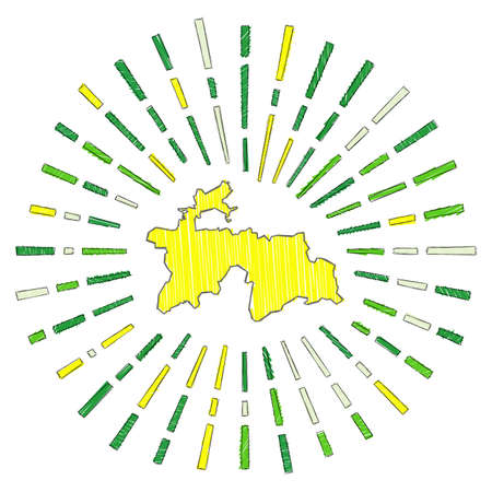 Sketch map of Tajikistan. Sunburst around the country in flag colors. Hand drawn Tajikistan shape with sun rays on white background. Vector illustration.のイラスト素材