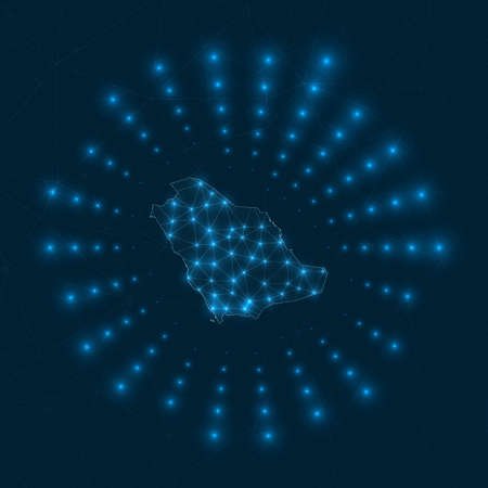 Saudi Arabia digital map. Glowing rays radiating from the country. Network connections and telecommunication design. Vector illustration.のイラスト素材