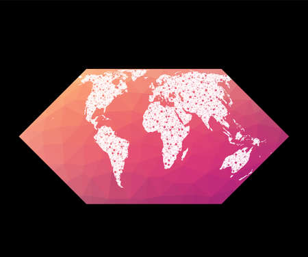 World network map. Eckert II projection. Wired globe in Eckert 2 projection on geometric low poly background. Appealing vector illustration.のイラスト素材