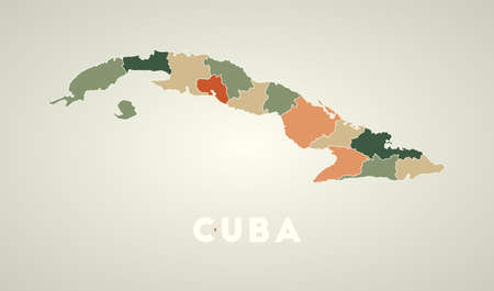 Cuba poster in retro style. Map of the country with regions in autumn color palette. Shape of Cuba with country name. Vibrant vector illustration.のイラスト素材