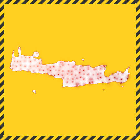 Crete closed - virus danger sign. Lock down island icon. Black striped border around map with virus spread concept. Vector illustration.のイラスト素材