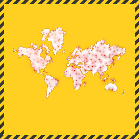 The World closed - virus danger sign. Lock down world icon. Black striped border around map with virus spread concept. Vector illustration.のイラスト素材