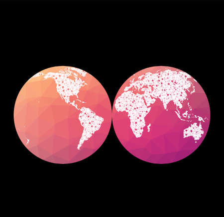 World network map. Mollweide projection interrupted into two (equal-area) hemispheres. Wired globe in Interrupted Mollweide Hemispheres projection on geometric low poly background.のイラスト素材