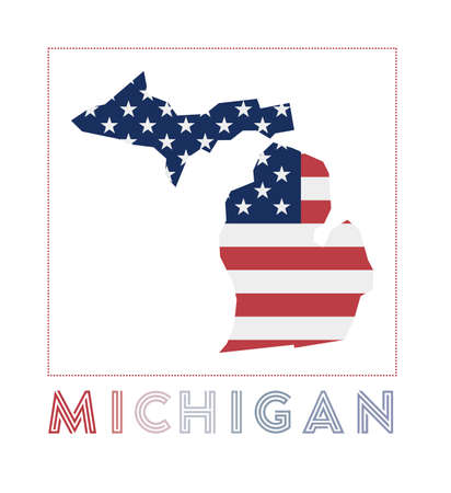 Michigan Logo. Map of Michigan with us state name and flag. Awesome vector illustration.のイラスト素材