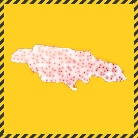 Jamaica closed - virus danger sign. Lock down country icon. Black striped border around map with virus spread concept. Vector illustration.のイラスト素材