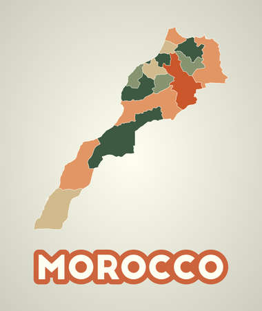 Morocco poster in retro style. Map of the country with regions in autumn color palette. Shape of Morocco with country name. Elegant vector illustration.のイラスト素材