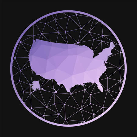 USA icon. Vector polygonal map of the country. USA icon in geometric style. The country map with purple low poly gradient on dark background. Technology, internet, network, telecommunication concept.のイラスト素材