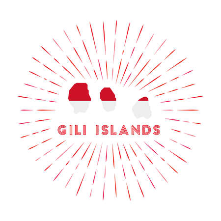 Gili Islands sunburst badge. The island sign with map of Gili Islands with Indonesian flag. Colorful rays around the logo. Vector illustration.のイラスト素材
