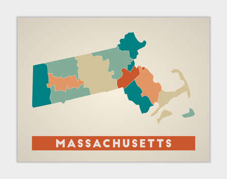 Massachusetts poster. Map of the us state with colorful regions. Shape of Massachusetts with us state name. Amazing vector illustration.のイラスト素材