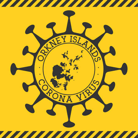 Corona virus in Orkney Islands sign. Round badge with shape of virus and Orkney Islands map. Yellow island epidemy lock down stamp. Vector illustration.のイラスト素材