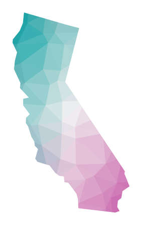 Polygonal map of California. Geometric illustration of the us state in emerald amethyst colors. California map in low poly style. Technology, internet, network concept. Vector illustration.のイラスト素材