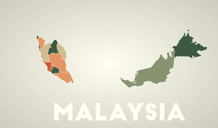 Malaysia poster in retro style. Map of the country with regions in autumn color palette. Shape of Malaysia with country name. Appealing vector illustration.のイラスト素材
