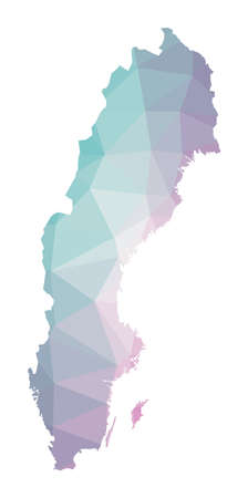 Polygonal map of Sweden. Geometric illustration of the country in emerald amethyst colors. Sweden map in low poly style. Technology, internet, network concept. Vector illustration.のイラスト素材
