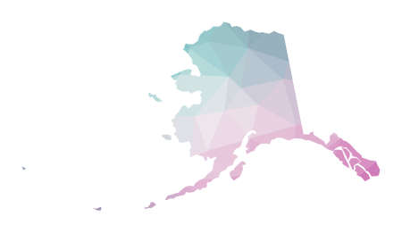 Polygonal map of Alaska. Geometric illustration of the us state in emerald amethyst colors. Alaska map in low poly style. Technology, internet, network concept. Vector illustration.のイラスト素材