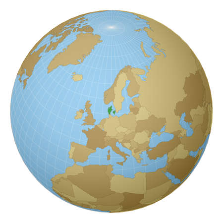 Globe centered to Denmark. Country highlighted with green color on world map. Satellite projection view. Vector illustration.のイラスト素材