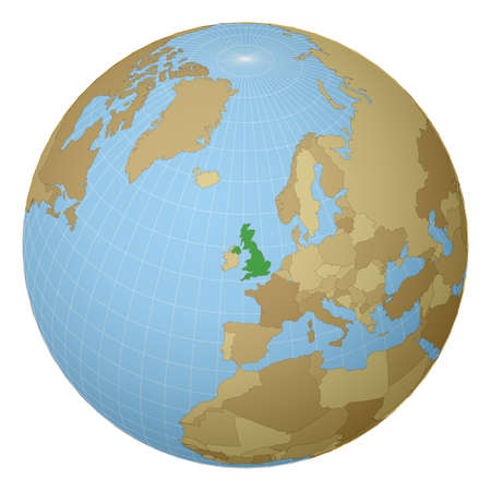 Globe centered to United Kingdom. Country highlighted with green color on world map. Satellite projection view. Vector illustration.のイラスト素材