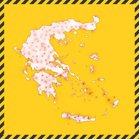 Greece closed - virus danger sign. Lock down country icon. Black striped border around map with virus spread concept. Vector illustration.のイラスト素材