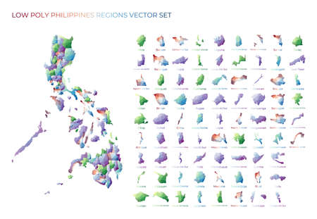 Filipino low poly regions. Polygonal map of Philippines with regions. Geometric maps for your design. Vibrant vector illustration.のイラスト素材