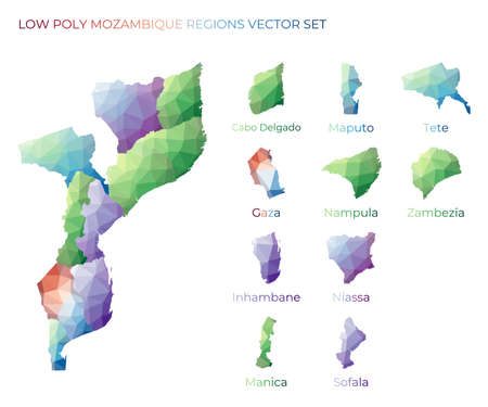Mozambican low poly regions. Polygonal map of Mozambique with regions. Geometric maps for your design. Astonishing vector illustration.のイラスト素材