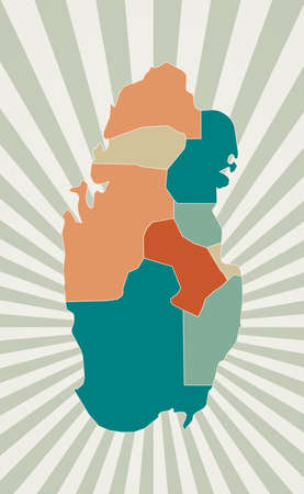 Qatar map. Poster with map of the country in retro color palette. Shape of Qatar with sunburst rays background. Vector illustration.のイラスト素材