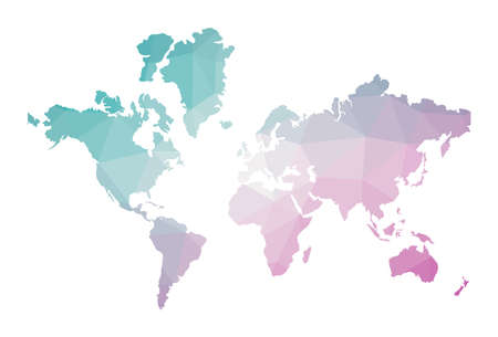 Polygonal map of The World. Geometric illustration of the world in emerald amethyst colors. The World map in low poly style. Technology, internet, network concept. Vector illustration.のイラスト素材