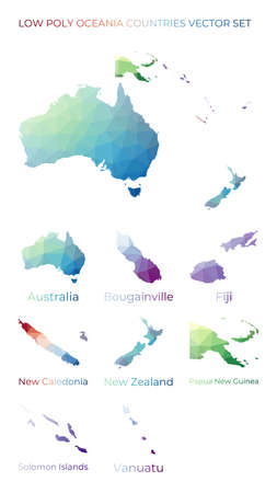 Oceanian low poly regions. Polygonal map of Oceania with regions. Geometric maps for your design. Authentic vector illustration.のイラスト素材