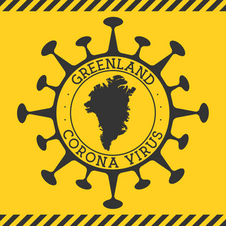 Corona virus in Greenland sign. Round badge with shape of virus and Greenland map. Yellow country epidemy lock down stamp. Vector illustration.のイラスト素材