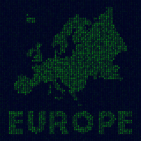 Digital Europe  . Continent symbol in hacker style. Binary code map of Europe with continent name. Artistic vector illustration.のイラスト素材