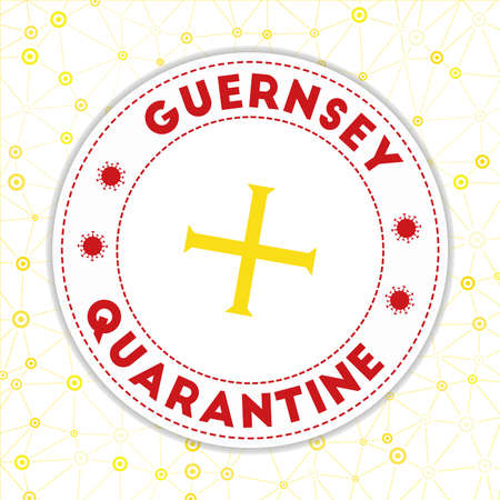 Quarantine in Guernsey sign. Round badge with flag of Guernsey. Country lockdown emblem with title and virus signs. Vector illustration.のイラスト素材