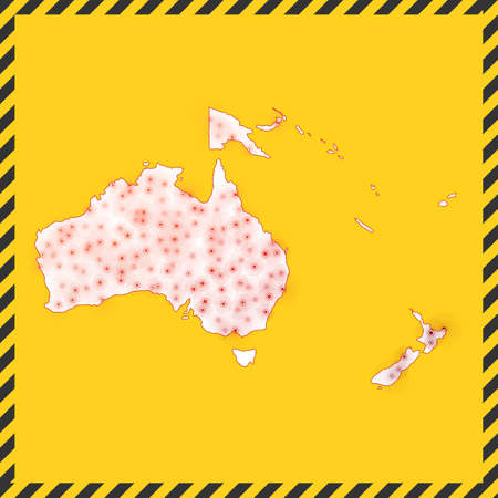 Oceania closed - virus danger sign. Lock down continent icon. Black striped border around map with virus spread concept. Vector illustration.のイラスト素材