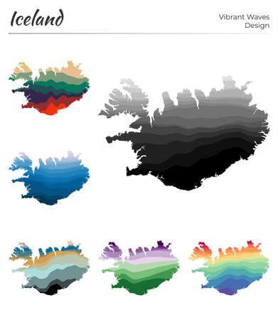 Set of vector maps of Iceland. Vibrant waves design. Bright map of country in geometric smooth curves style. Multicolored Iceland map for your design. Powerful vector illustration.のイラスト素材