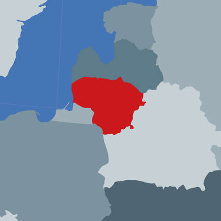 Shape of the Lithuania in context of neighbour countries. Country highlighted with red color on world map. Lithuania map template. Vector illustration.のイラスト素材
