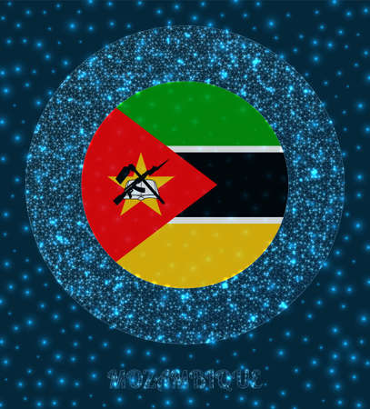 Round Mozambique badge. Flag of Mozambique in glowing network mesh style. Country network logo. Powerful vector illustration.のイラスト素材