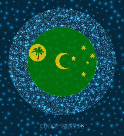 Round Cocos Islands badge. Flag of Cocos Islands in glowing network mesh style. Country network logo. Powerful vector illustration.のイラスト素材