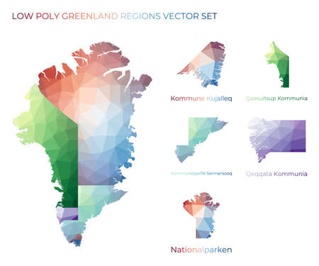 Greenlandic low poly regions. Polygonal map of Greenland with regions. Geometric maps for your design. Attractive vector illustration.のイラスト素材