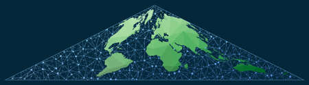 Abstract map of world network. Collignon projection. Green low poly world map with network background. Elegant connected globe for infographics or presentation. Vector.のイラスト素材