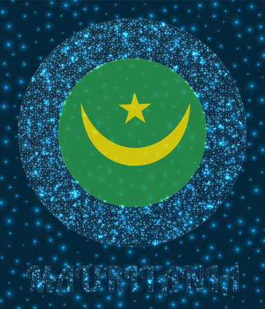 Round Mauritania badge. Flag of Mauritania in glowing network mesh style. Country network logo. Radiant vector illustration.のイラスト素材