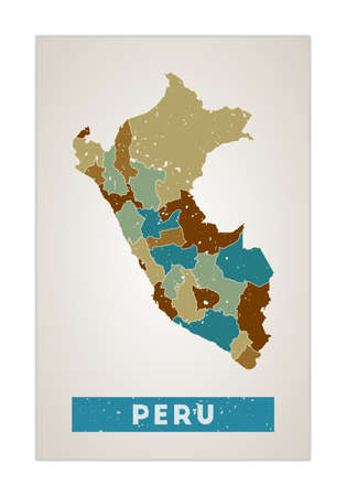 Peru map. Country poster with regions. Old grunge texture. Shape of Peru with country name. Radiant vector illustration.のイラスト素材