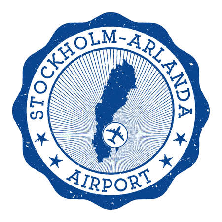 Stockholm-Arlanda Airport stamp. Airport of Stockholm round logo with location on Sweden map marked by airplane. Vector illustration.のイラスト素材