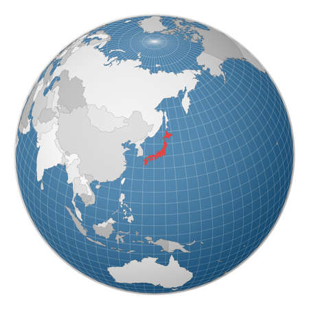 Globe centered to Japan. Country highlighted with green color on world map. Satellite world projection. Elegant vector illustration.のイラスト素材