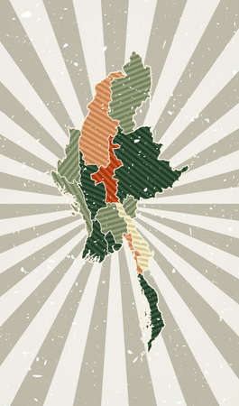 Myanmar vintage map. Grunge poster with map of the country in retro color palette. Shape of Myanmar with sunburst rays background. Vector illustration.のイラスト素材