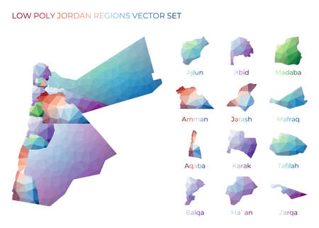Jordanian low poly regions. Polygonal map of Jordan with regions. Geometric maps for your design. Trendy vector illustration.のイラスト素材
