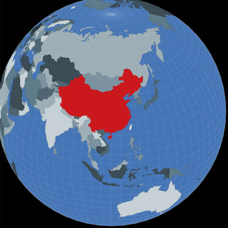 Shape of the China in context of neighbour countries. Country highlighted with red color on world map. China map template. Vector illustration.のイラスト素材