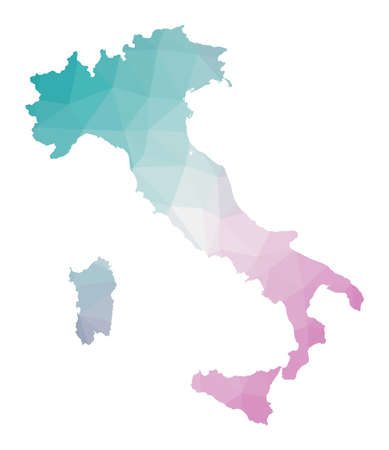 Polygonal map of Italy. Geometric illustration of the country in emerald amethyst colors. Italy map in low poly style. Technology, internet, network concept. Vector illustration.のイラスト素材