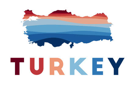 Turkey map. Map of the country with beautiful geometric waves in red blue colors. Vivid Turkey shape. Vector illustration.のイラスト素材