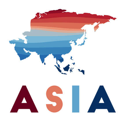 Asia map. Map of the continent with beautiful geometric waves in red blue colors. Vivid Asia shape. Vector illustration.のイラスト素材