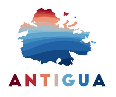 Antigua map. Map of the island with beautiful geometric waves in red blue colors. Vivid Antigua shape. Vector illustration.のイラスト素材