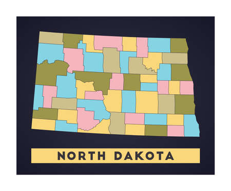 North Dakota map. Us state poster with regions. Shape of North Dakota with us state name. Awesome vector illustration.のイラスト素材