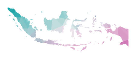 Polygonal map of Indonesia. Geometric illustration of the country in emerald amethyst colors. Indonesia map in low poly style. Technology, internet, network concept. Vector illustration.のイラスト素材