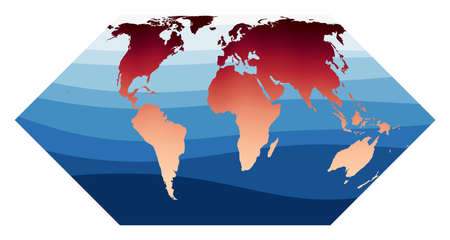 World Map Vector. Eckert II projection. World in red orange gradient on deep blue ocean waves. Appealing vector illustration.のイラスト素材